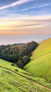 cinematic wide angle shot of rolling green hills at sunset with coastal fog