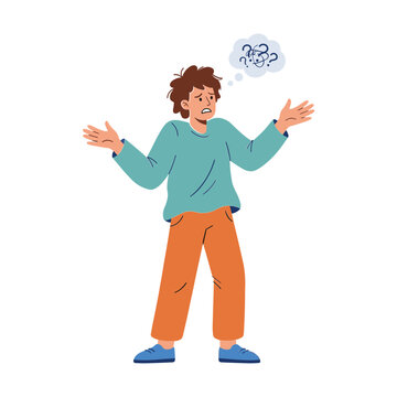 Man with puzzled expression stands confused with questioning thought bubble