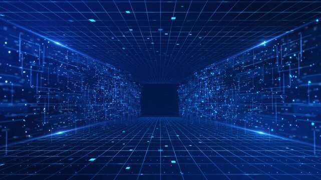 Futuristic Data Corridor Grid Interface Perspective digital room made of glowing grid lines interface elements virtual data environment. cyberspace , technology presentations, innovation backgrounds.