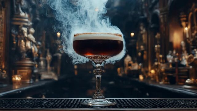 Smoking cocktail with foam resting on a bar counter in an elegant and luxurious lounge