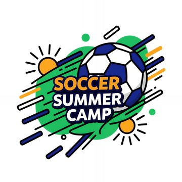 Vibrant soccer summer camp logo with sunburst and sports equipment