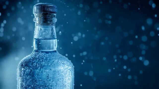 Frozen glass bottle of a strong alcoholic drink with snowflakes falling on a dark blue background