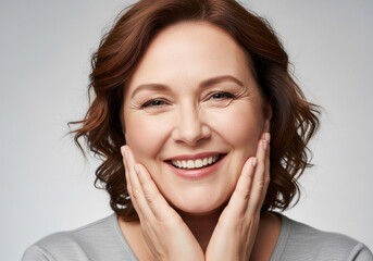 Naklejka premium Middle-aged woman smiling with hands on cheeks expressing joy and positivity on light background