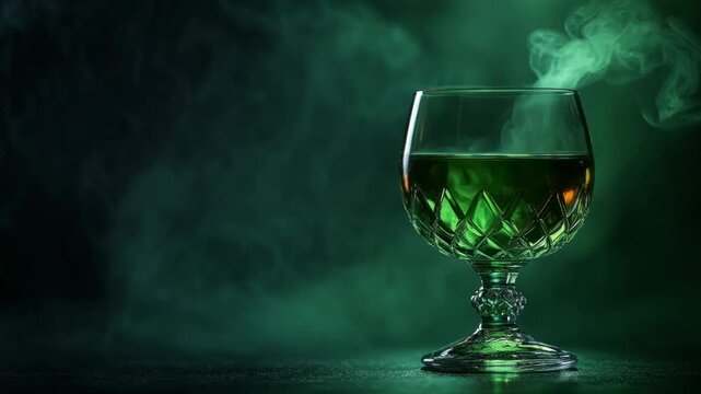 Mysterious green absinthe drink steaming in an elegant crystal glass against a smoky dark background