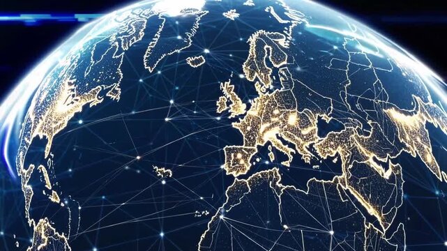 European urban illumination, City clusters linked by luminous lines across European landscape, European metropolitan areas interconnected through shining pathways and bustling commercial hubs