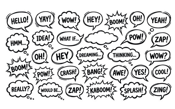 Collection of various comic book speech bubbles and expressions