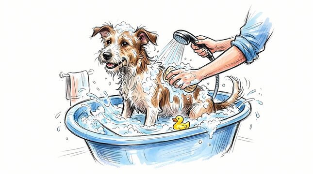A cute, shaggy dog with brown and white fur is getting a bath in a blue tub, with bubbles, a rubber duck, and a showerhead, illustrating a grooming process