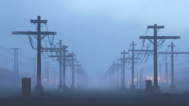 Mist Over the Switchyard at Dawn Creates a Moody Power Grid Landscape with Industrial Elegance