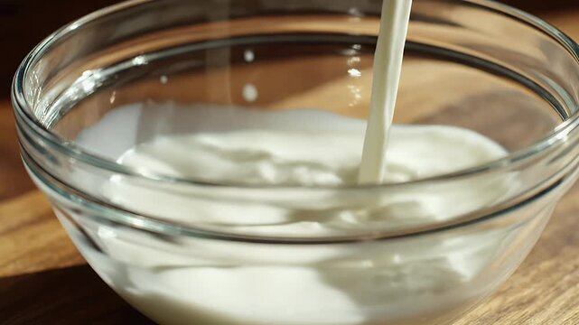 A stream of creamy liquid is being poured into a clear glass bowl resting on a rustic wooden surface, creating a visually appealing culinary scene.