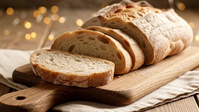 Freshly baked artisanal bread sliced on a rustic wooden board