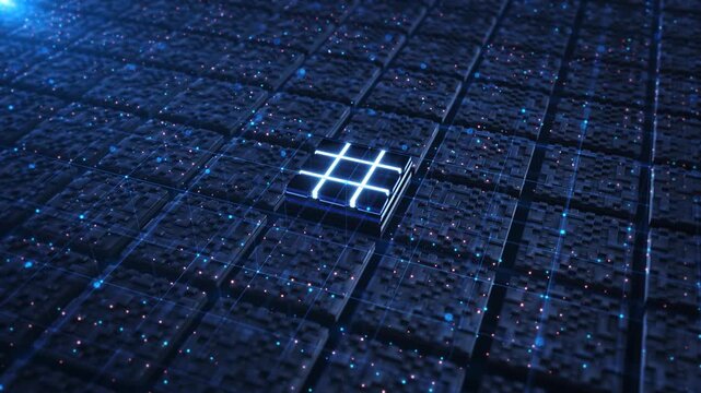 Digital Microchip Technology Matrix Advanced chip node by digital circuitry grid data transfer computing system AI infrastructure. Futuristic tech depth light effects. for tech presentations intros.