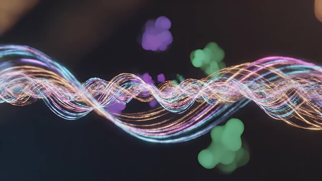 Abstract flowing lines of light create a dynamic and colorful wave pattern against a dark background.