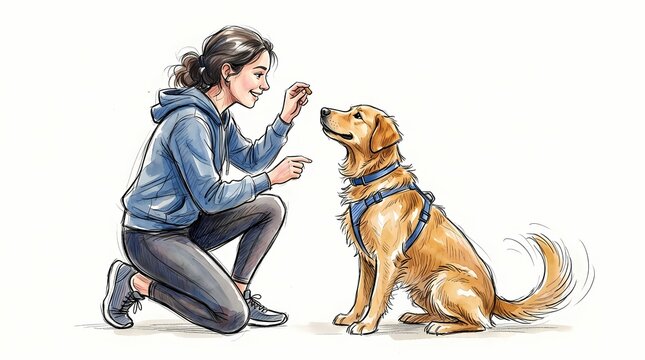 Caring interaction between a young woman and her loyal Golden Retriever, demonstrating positive reinforcement and pet obedience training techniques