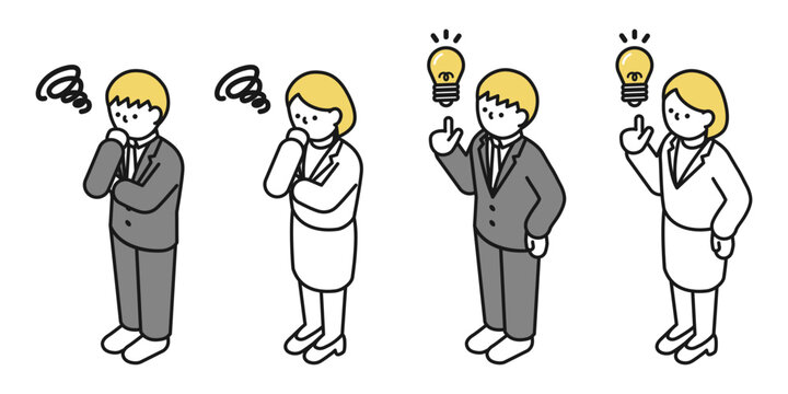 アイソメトリックイラスト:アイデアを思いつく男女 考える男女(スーツ)