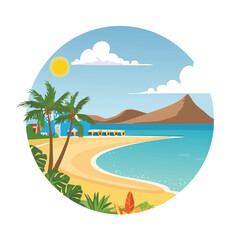 Obraz premium Coastal beach scene with palm trees and ocean under a bright sunny sky