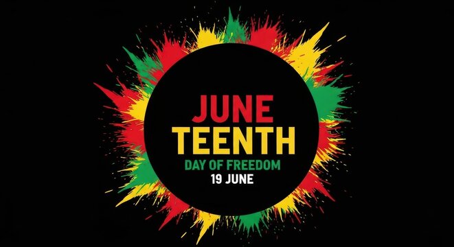 Juneteenth day of freedom celebration poster with red, yellow, and green paint splash design on black background