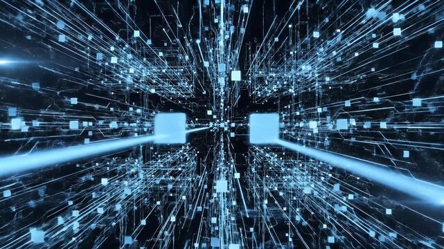 A futuristic digital tunnel showcases a complex network of glowing blue lines and cubic data blocks.
