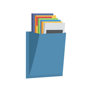 Wall mounted file organizer for office documents and folders featuring blue hanging pocket with colorful paper inserts for school stationary and business administration organization equipment tools.