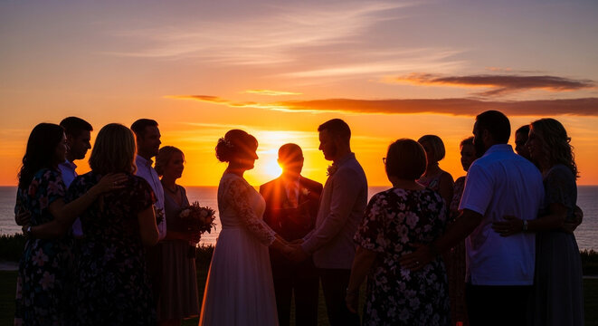 Romantic wedding couple silhouette at golden sunset beach with guests celebrating
