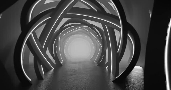 Futuristic monochrome abstract tunnel with glowing arches looping animation