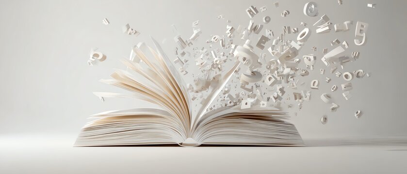 An open book with letters flying away.