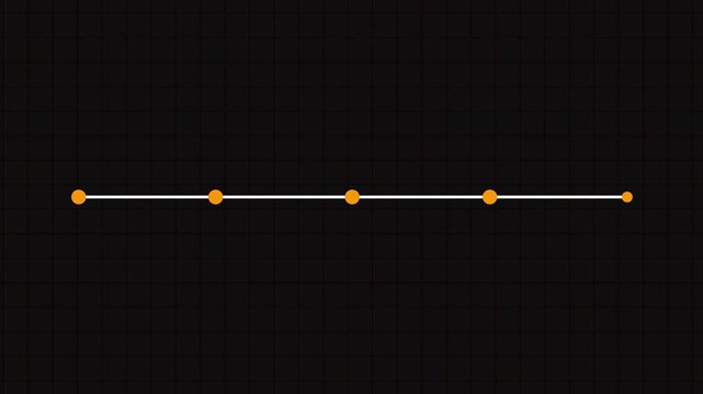Timeline clip with five circles 4k animation video. Growing horizontal line and orange circle data points on a dark grid background. Useful for information sharing and animated infographic design