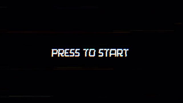Press start animation moving text with glitch effects and RGB colors. 4K videos.