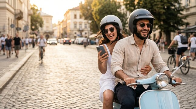 Happy young couple riding a blue scooter through a sunlit European city street.