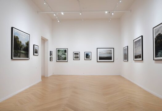 Modern art gallery with white walls and abstract paintings
