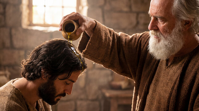 Biblical anointing ceremony with holy oil, ancient prophet blessing a young man, religious ritual in stone temple, spiritual consecration scene