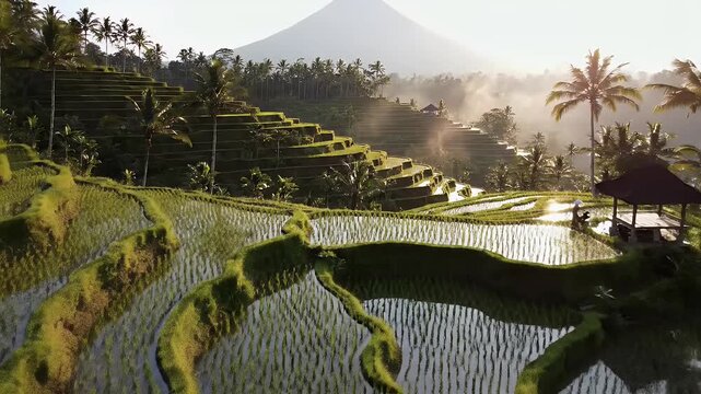 A breathtaking view of the Tegallalang Rice Terraces in Bali, Indonesia, bathed in the golden light of sunrise.