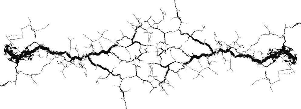 Cracked ground texture with realistic fracture lines and broken surface details. Abstract earthquake split effect for grunge backgrounds, damage concepts, and dramatic designs. Monochrome crack 