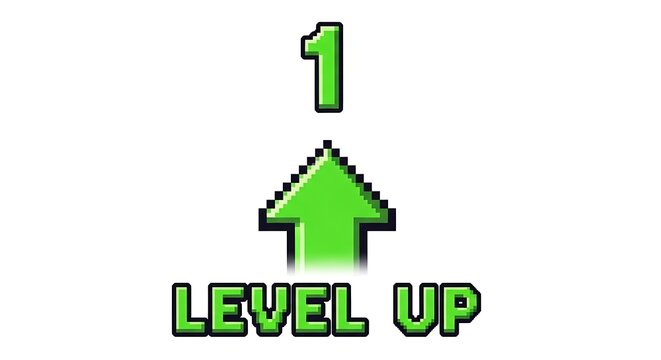 Level up concept number one and upward arrow with bold text on white