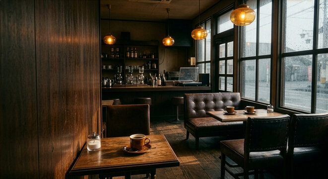 Showa retro cafe interior on a rainy day with soft window light and copy space