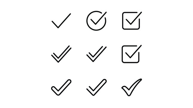 Collection of nine checkmark icons in various styles and formats representing completion