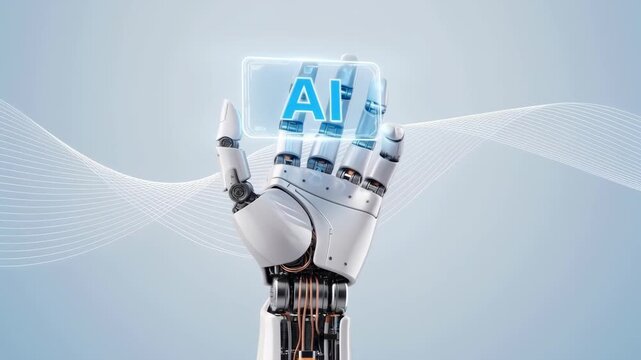 A robotic hand holding a glowing AI panel with futuristic circuit design on light blue background. Artificial intelligence concept.