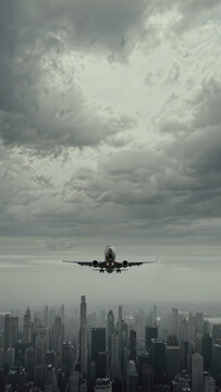 Airplane silhouette in cloudy sky, vertical phone wallpaper, minimalist aviation background