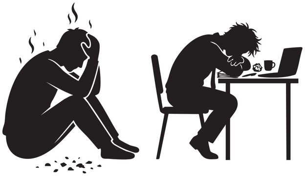 Silhouettes of two stressed or exhausted men one sitting on floor with head in hands other