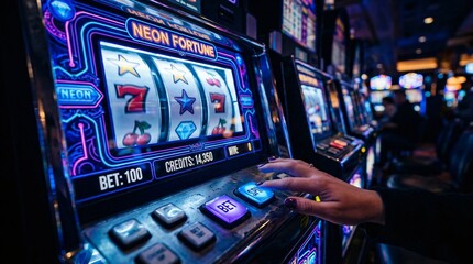 Naklejka premium Slot machine showing winning symbols on screen. Gambler playing electronic game for jackpot in casino. Lucky combination with seven and cherry icons. Digital gambling device entertainment.