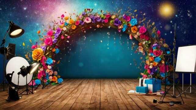 Vibrant floral archway with studio lighting and gifts colorful flowers photography setup