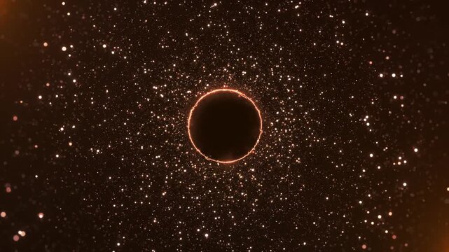 Golden luminous circle radiating particles like stellar explosion or galaxy portal. Dark cosmic backdrop shimmering lights mystery power infinity concept. for titles trailers visual effects loops.