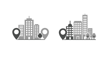 Naklejka premium Minimalist vector graphic illustration showing city skyscrapers combined with location pin markers for urban navigation and mapping concepts
