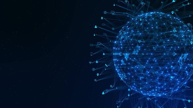 Futuristic glowing globe connected icons data links worldwide innovation, perfect for technology presentations, cybersecurity visuals, global business , networking , digital transformation designs