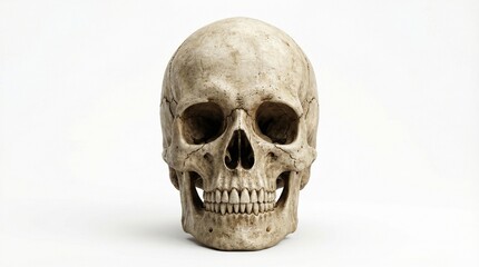 Obraz premium Realistic human skull showing detailed bone structure and natural textures isolated against a clean and bright white studio background space