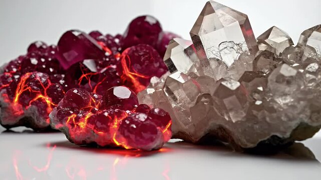 A striking close-up showcases a vibrant cluster of red and orange crystals alongside a collection of clear quartz formations, reflecting beautifully on a polished surface.