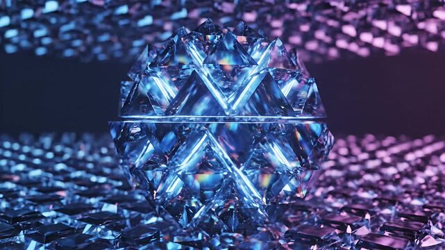 Intricate blue crystal sphere on abstract geometric reflective surface