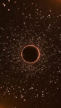Radiant circular energy ring sparkling particles forming cosmic portal or eclipse effect. Deep space glow with golden light dust creating dramatic abstract universe scene. Perfect for cinematic intros