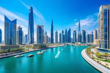 Naklejka premium Dubai marina showcasing a modern cityscape, high rise buildings, and luxury boats cruising the canal
