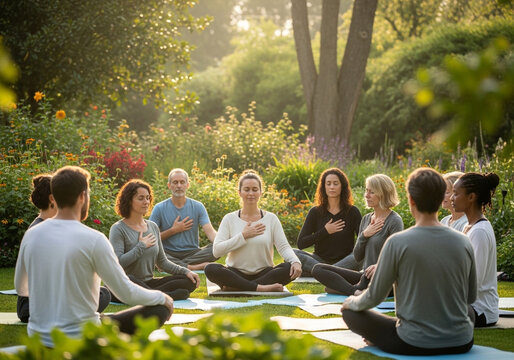 group of people practicing breathwork in a serene garden setting