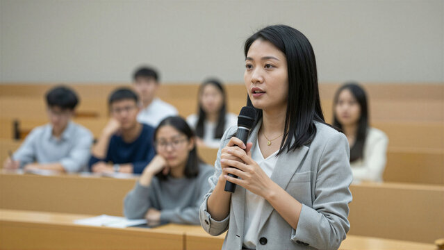 A young Asian woman presents, holding a microphone in a university lecture hall. She encourages active communication and engaged learning among students, symbolizing professional educatio